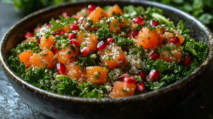 Salmon, quinoa, kale, and pomegranate salad in a bowl.