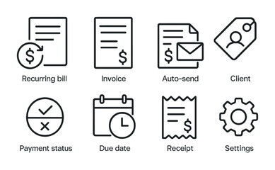 Finance and billing icons set – linear style accounting, invoicing, and payment symbols for business management: recurring bill, invoice, auto-send, client, receipt, settings.
