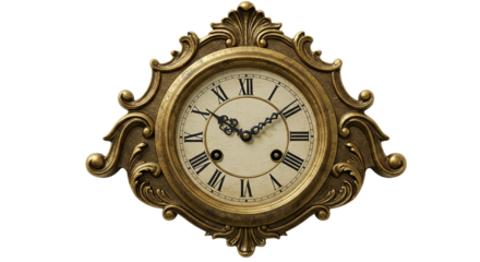 A close up view of an ornate gold clock with roman numerals on a black background in studio lighting