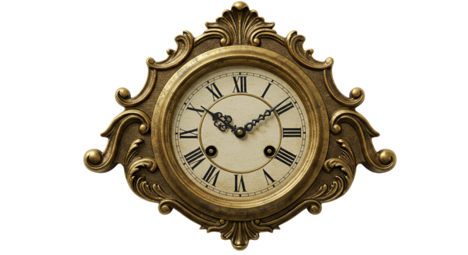 A close up view of an ornate gold clock with roman numerals on a black background in studio lighting