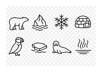 Naklejka premium Arctic wildlife outline icons set – linear style cold climates, polar habitats, and snow creatures for nature design: polar bear, iceberg, snowflake, igloo, puffin, ice floe, seal, steam.