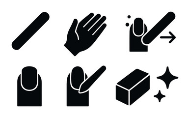 Nail care solid icons set – filled style for beauty, manicure, and self-care: nail file, hand, cuticle, buffer block, sparkling finish, nail brush, lotion.