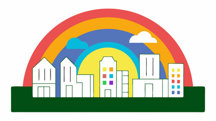 Rainbow city skyline silhouette in minimalist style  