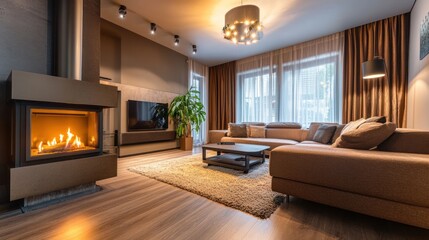Fototapeta premium Modern living room with fireplace and comfortable seating
