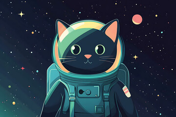 Fototapeta premium Astronaut cat floating in space, surrounded by stars and planets, evoking a sense of adventure