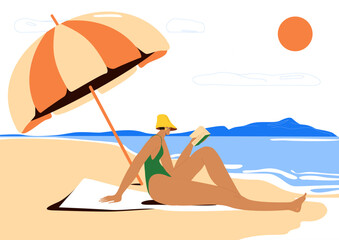 Woman relaxing with book on beach on summer holiday. Suntanned girl reading and sunbathing on towel, sand under umbrella. Person at seaside, resort on summertime vacation. Flat vector illustration