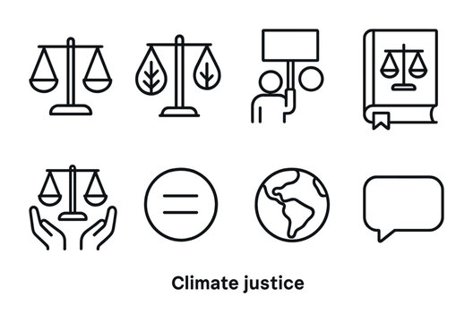 Climate justice outline icon set – linear style environmental advocacy and law symbols: scales, protest sign, law book, hands, equality, globe, speech bubble.
