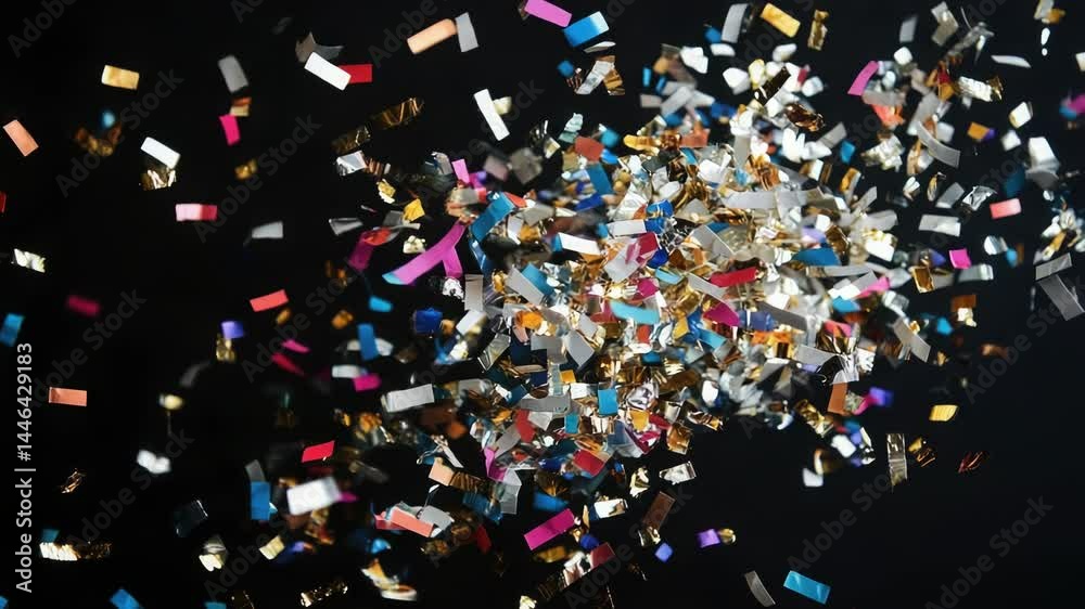 Poster a bunch of colorful confetti scattered on a dark background