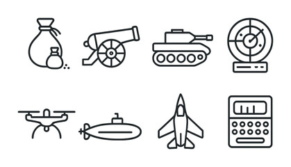 Military equipment icon set featuring bag of gold, cannon, tank, radar, drone, submarine, jet, and calculator