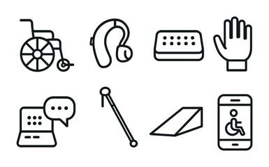 Accessibility icon set – outline style disability tools, assistive technology, and inclusion symbols for universal design: wheelchair, hearing aid, braille, cane, ramp, communication device.
