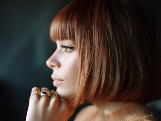 Fototapeta premium blunt haircut style woman model face portrait hair salon fashion aesthetic