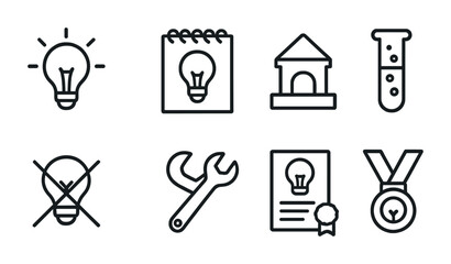 Innovation and ideas icon set – outline style creativity, design, and invention symbols for brainstorming: light bulb, notebook, building, test tube, wrench, certificate, medal.