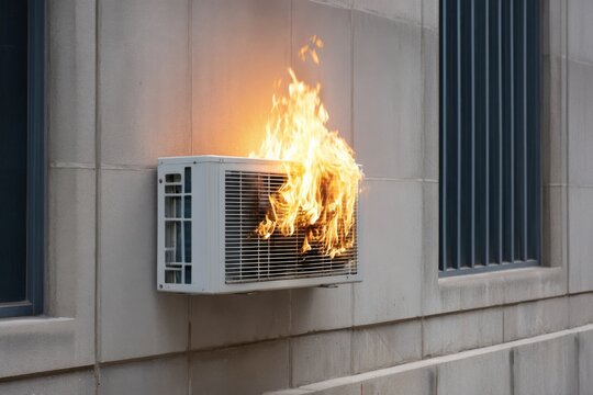 A window air conditioner unit mounted on a wall is engulfed in flames, emitting orange and yellow flames, indicating a dangerous fire hazard.