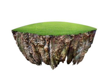 round soil ground cross section with earth land and green grass. fantasy floating island with natural on the rock, surreal float landscape with paradise concept isolated on white background.PNG file.