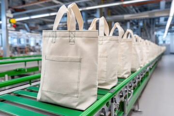 White tote bags with pockets on a conveyor belt, mass production of reusable shopping bags in a factory.