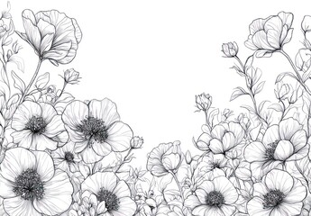 Fototapeta premium Elegant black and white floral illustration. Detailed line art of various blossoms and leaves, creating a frame around a white background. A profusion of flowers in different stages of bloom