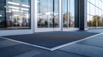 Modern Entrance with Metal Grate and Glass Doors in Urban Setting