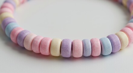 Colorful beaded loop of round candy pieces on white background