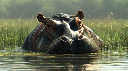 Fototapeta premium Majestic hippopotamus relaxing in the shallow waters of its natural habitat