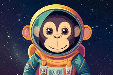 Fototapeta premium Cartoon monkey astronaut smiling in space with stars and cosmic background, playful theme