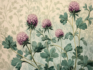 Vintage Floral Botanical Illustration: Elegant Clover Floral Design with Purple Blooms and Green Leaves for Nature-Inspired Decor