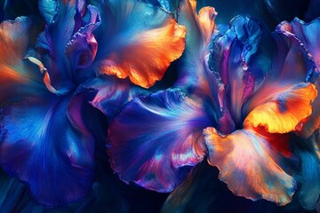 Obraz premium Vibrant iris flowers with multicolored petals and dark background