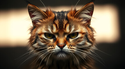 The image showcases a grumpy-looking cat, capturing its intense glare and messy fur in striking light, evoking emotions of annoyance and personality in feline companions.