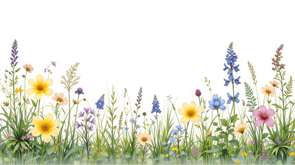 Wildflower and Herb Border, a vibrant watercolor illustration featuring buttercup, clover, bluebell, vetch, timothy grass, and lobelia against a clean white backdrop.