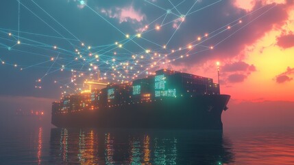 Obraz premium Container ship at sea with many digital network link icons on top of beautiful ship.
