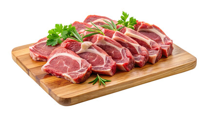 Fototapeta premium Fresh lamb chops on wooden board with herbs, ready to be cooked