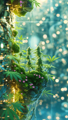 Botanical Ascent: Vertical cultivation of cannabis, moss, and pink blossoms on futuristic facade evokes ethereal organic splendor.