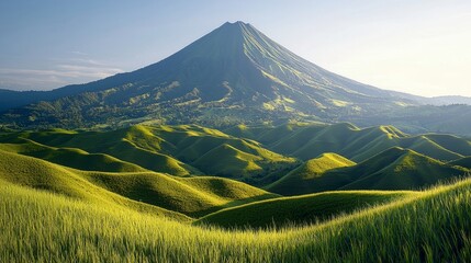 Fototapeta premium Majestic Volcano Surrounded by Lush Green Hills and Blue Sky