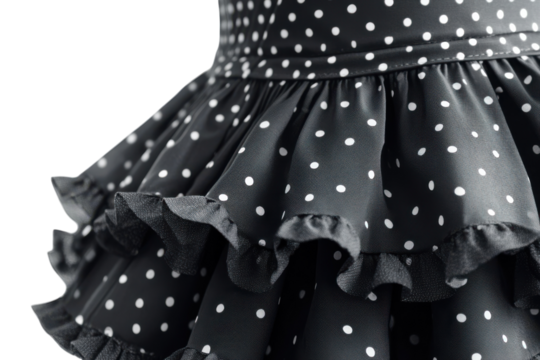 Elegant black polka dot flamenco skirt layered ruffles intricate detail close up view textured