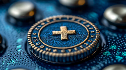 Detailed Blue and Gold Circular Emblem with Cross Detail