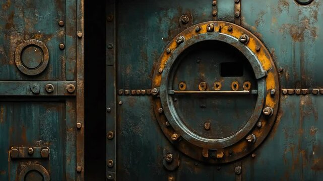 Rustic industrial metal door with circular hatch and rivets showcasing weathered texture