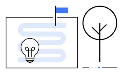 Light bulb on winding path with flag, minimalist tree representing sustainability and growth. Ideal for innovation, leadership, planning, strategy, sustainability, decision-making, simple landing