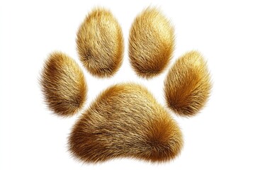 Furry golden animal paw print against a white background.
