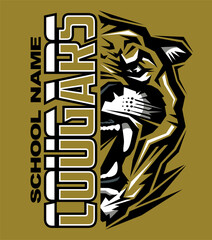 cougars team design with half mascot for school, college or league sports