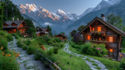 Obraz premium Charming wooden cottages and flower gardens high resolution picture