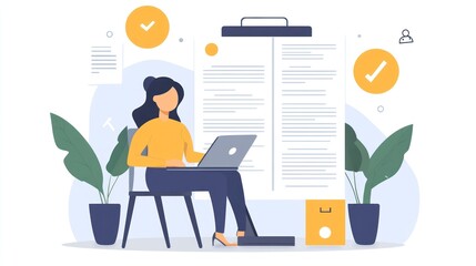 Woman completing project on laptop with documentation and checklist approval