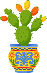 Green cactus with orange and yellow fruit in a decorative Mediterranean-style ceramic flower pot