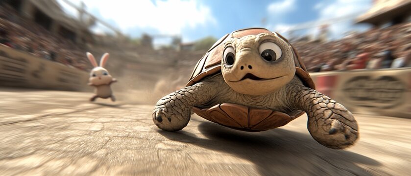 A tortoise races, trailed by a rabbit on a dirt track with a crowd cheering