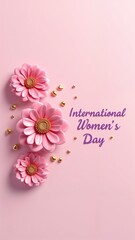 Fototapeta premium A pink background with three pink flowers and the words International Women's Day.
