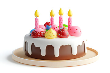 A colorful birthday cake adorned with candles and various toppings on a simple plate