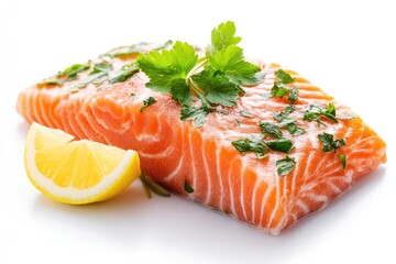 Fresh salmon fillet seasoned with herbs and lemon.