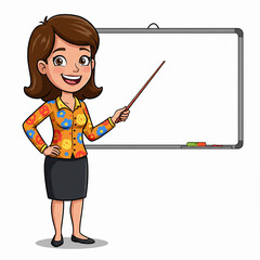 A female teacher standing in front of a whiteboard with a pointer stick and a happy expression.