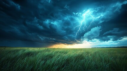 Dramatic Lightning Striking Against Dark Stormy Sky Over Grassland