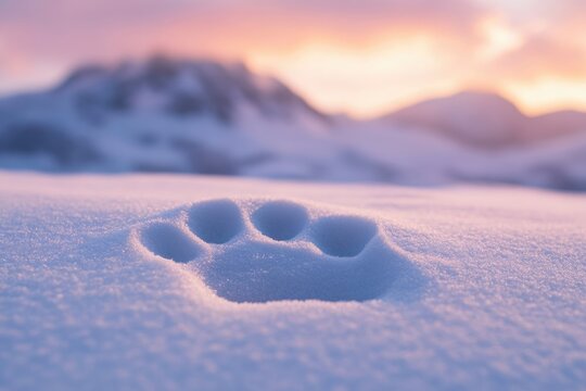 A large paw print in fresh snow at sunset, against a backdrop of mountains.
