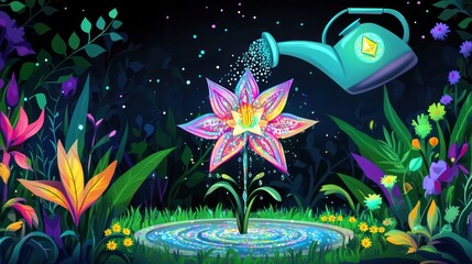 Fototapeta premium Vibrant flower in a lush, dark garden is watered by a teal watering can. Colorful plants surround a central flower, with light effects