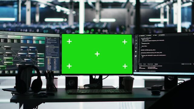 Mockup PCs in data center control hardware energy usage using node tree tech interfaces. Isolated screen workstations automate and supervise operations in server farm using visual programming